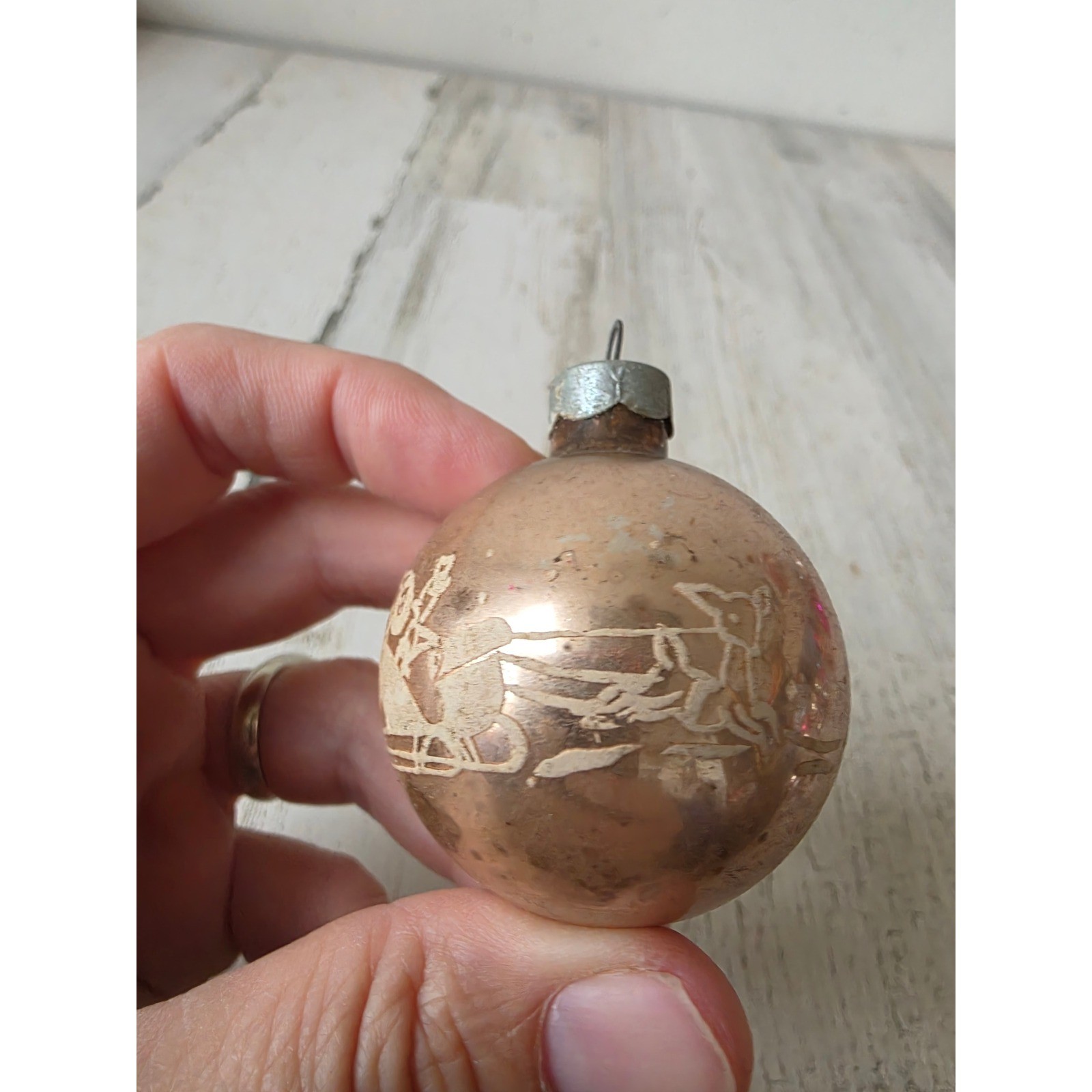 Vintage made in US of A baby deer Santa stencil mini champagne ornament