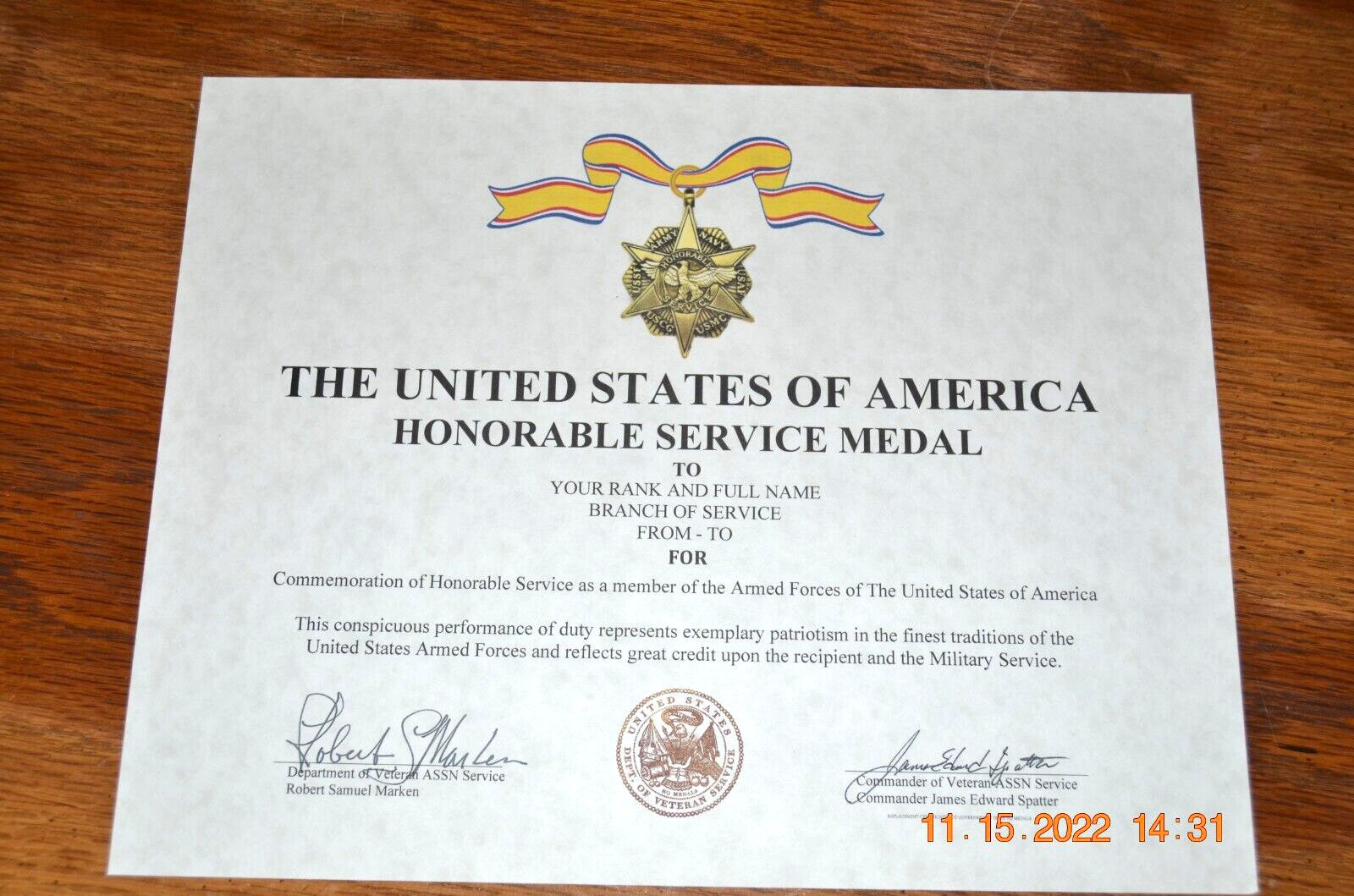 Honorable Service Certificate (Ruptured Duck) US Army USN USAF USMC USCG USMM