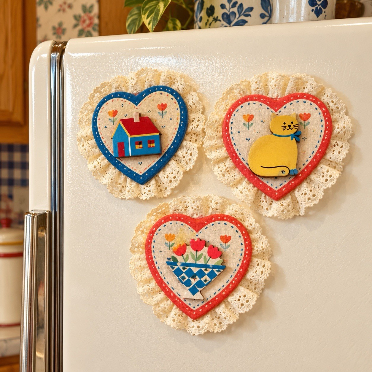 3 New Vintage Heart Refrigerator Magnet Russ Bertie Cat Cottage Lace 80s Country 3 New Vintage Heart Refrigerator Magnet Russ Bertie Cat Cottage Lace 80s Country