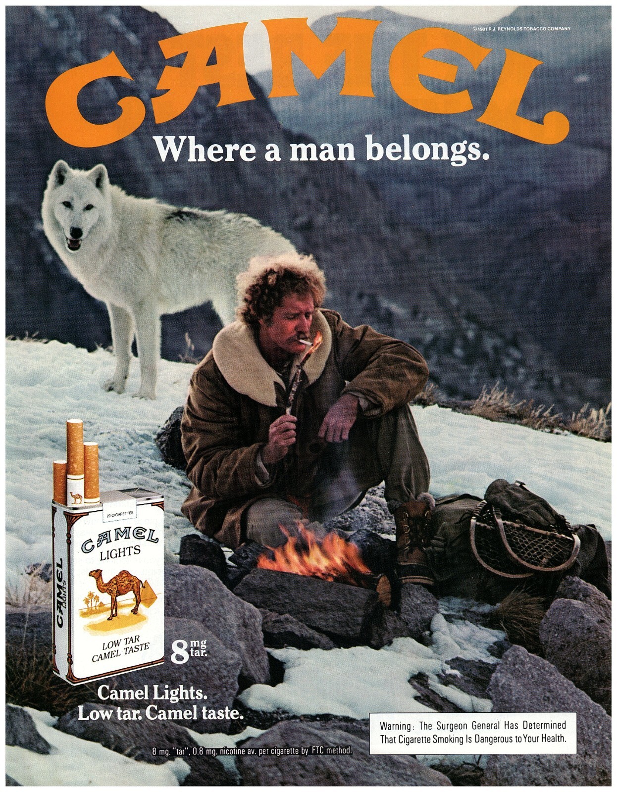 1982 PRINT AD, Camel Lights Where Man Belongs Adventure Fire Wolf Snow Smoking