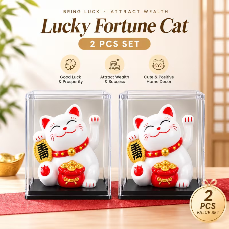 2PCS Lucky Fortune Cat Maneki Neko Good Luck Wealth Prosperity Home Office Decor