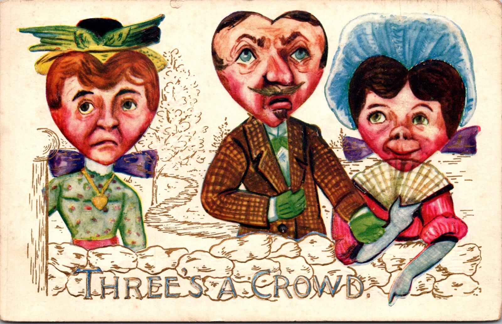1910 Artist Postcard Three’s A Crowd Man With  2 Ladies Heart-Shaped Faces