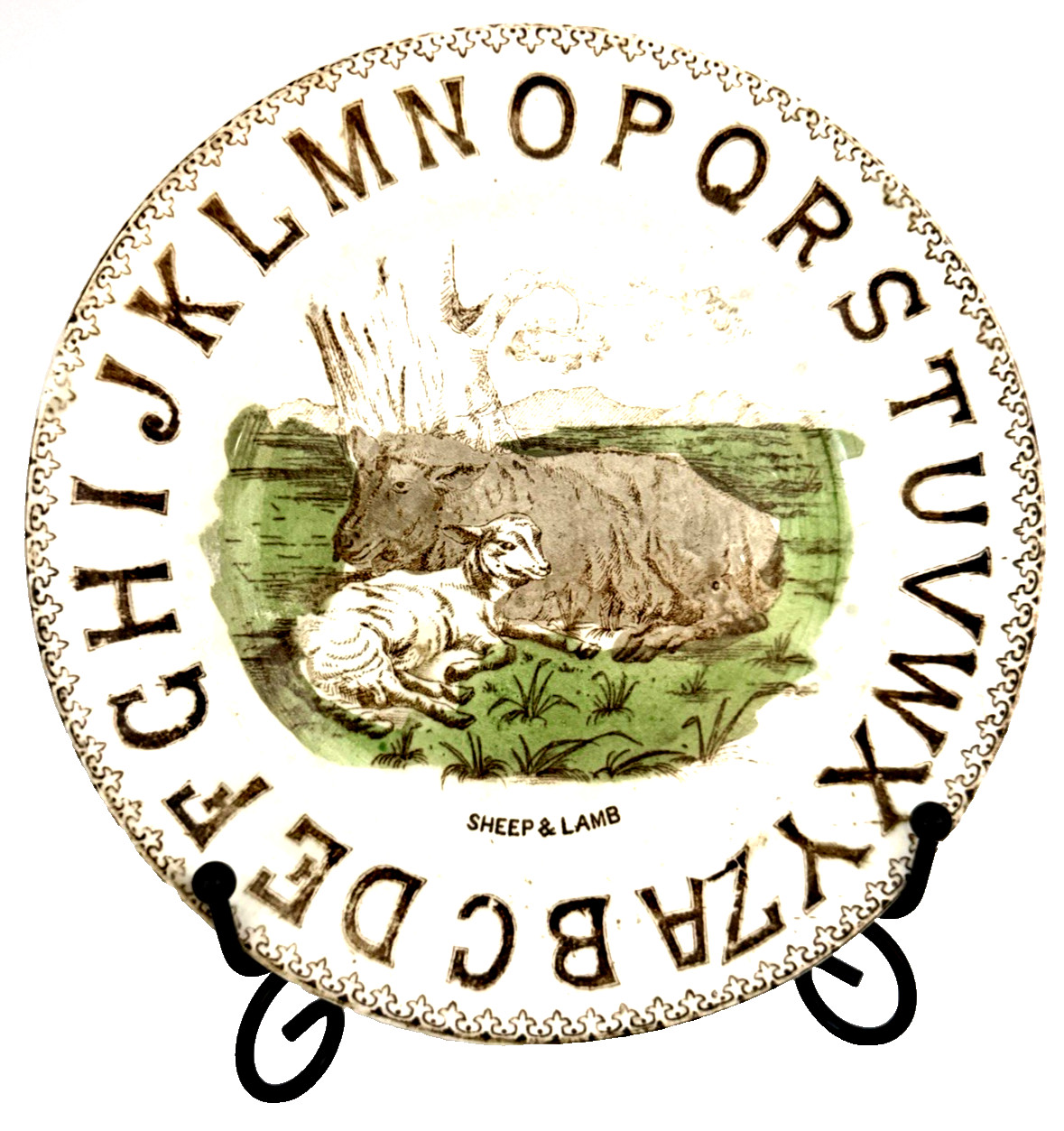 Antique 1891 Brownhill's Child's Alphabet Plate Sheep and Lamb