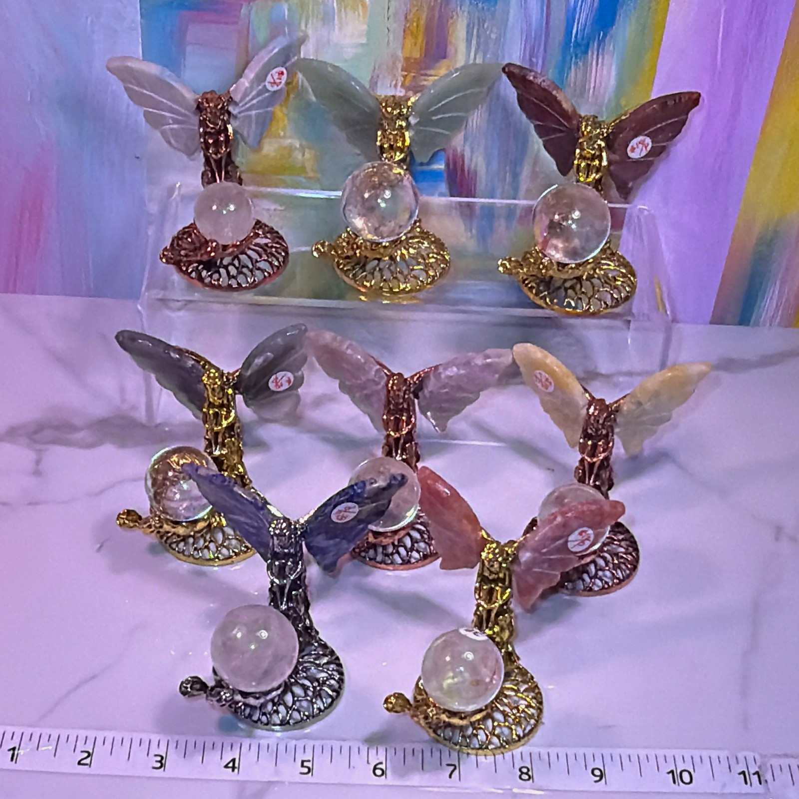 Set of 8Fairy Figurines Crystal Sphere Ball /Stone Butterfly Wings Fantasy Decor