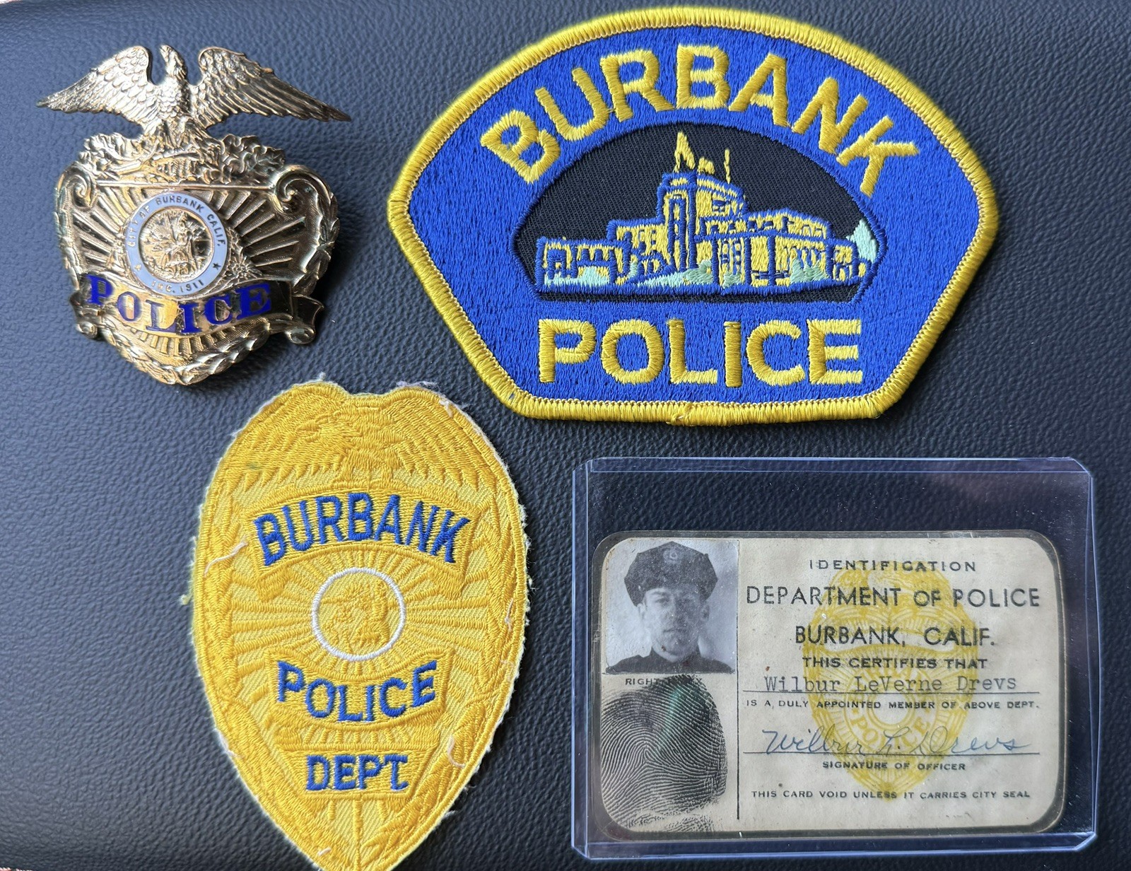 Vintage Burbank CA Police Eagle Hat Piece Entenmann ID Card Patches Rare Lot