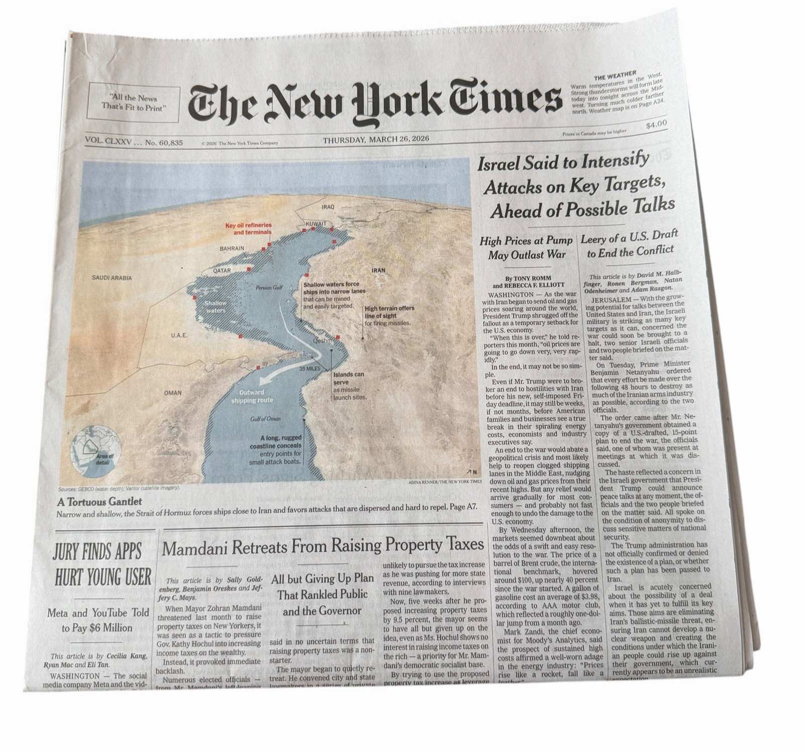 The New York Times Newspaper March 26 2026 Jury Finds Apps Hurt Young User NEW