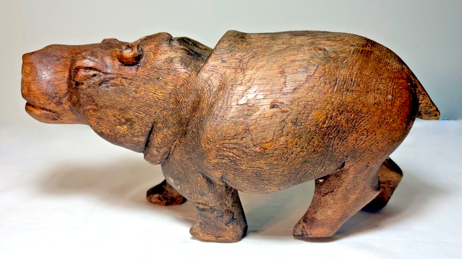 Antique Folk Art Hand Carved Wood Hippopotamus  12 inches Long
