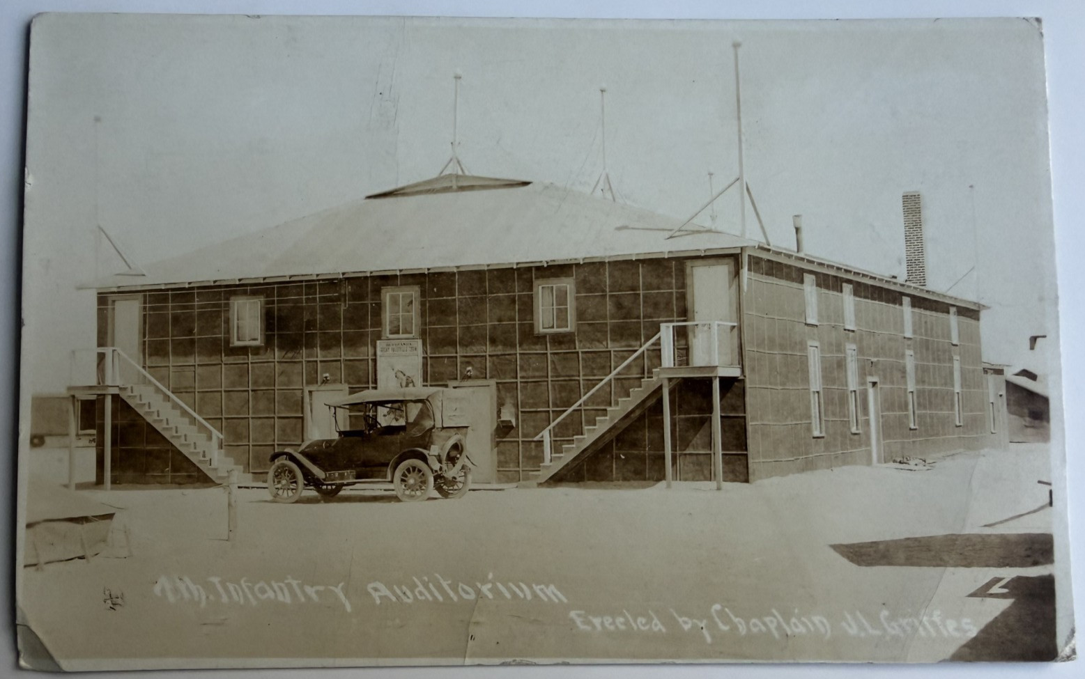 c1910s RPPC WWI 4th Infantry Division Auditorium Chaplain Griffies Old Car