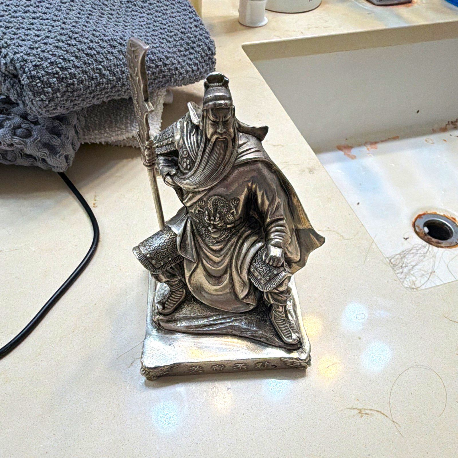 Silver-Tone Chinese Warrior Figurine Statue with Removable Spear/Polearm