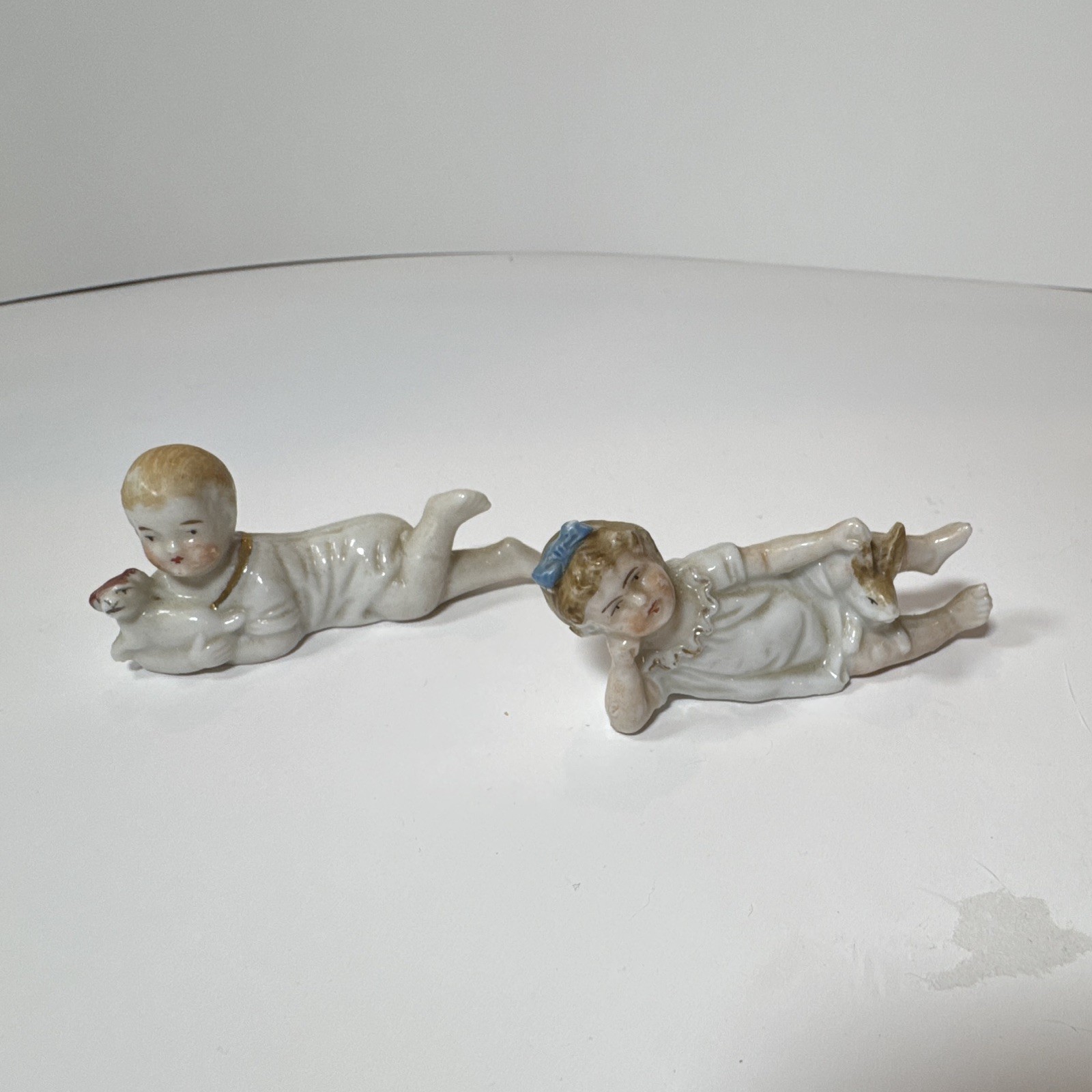 2 antique 1800s porcelain piano baby Figurines Hand Painted rabbit dog Germany