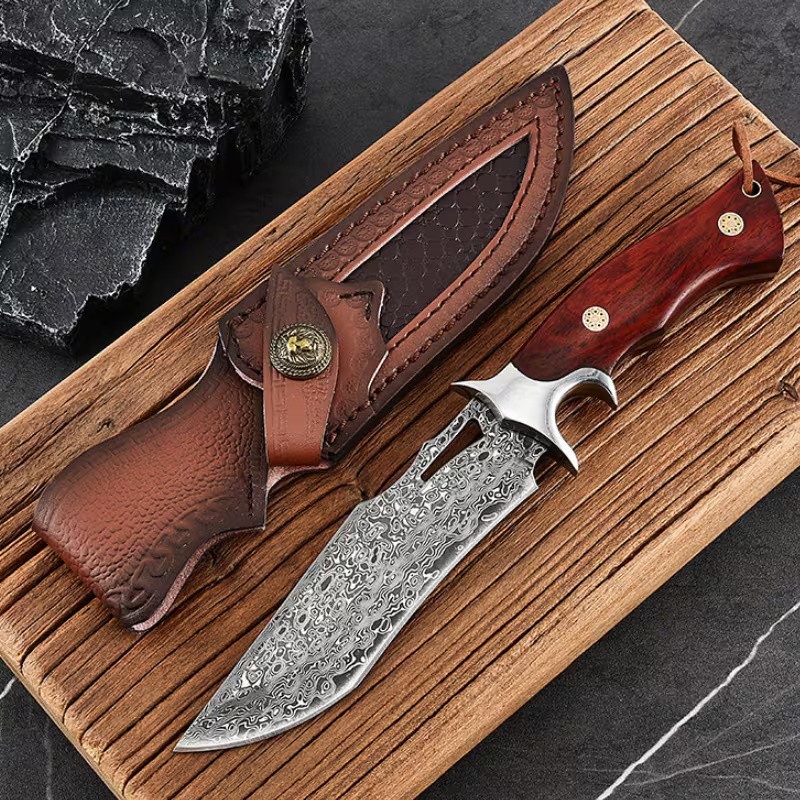 Hand Forged Damascus Steel Knife Blade Full Tang Hunting Knife w/Sheath New