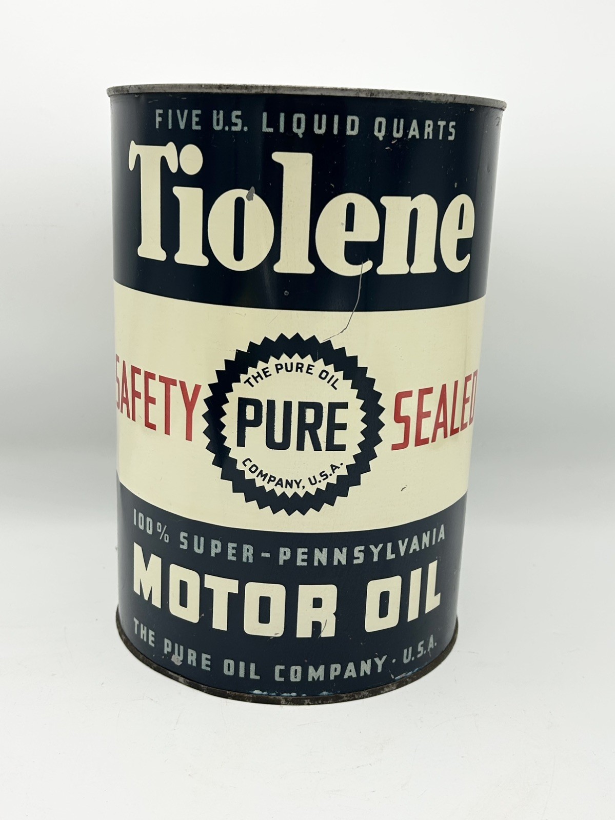 Vintage Pure Tiolene Safety Sealed Motor Oil Gas Can 5 Quarts Advertising