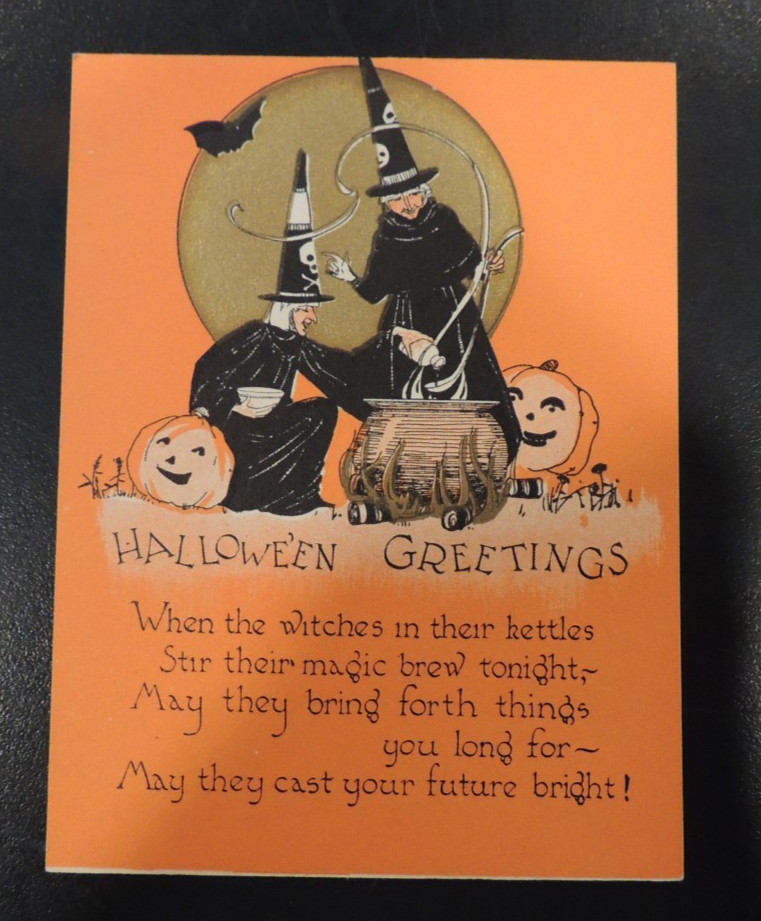 RUST CRAFT Boston USA Vintage Halloween Greeting Card Old Witches Cauldron Bat