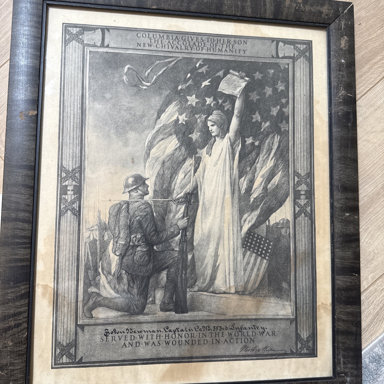 1919 WWI Wounded in Action Certificate Capt John Newman 353rd Infantry Wilson