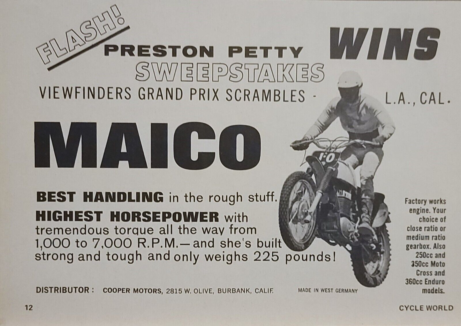 1968 Maico Motorcycle Print Ad Grand Prix Scramble Winner Preston Petty