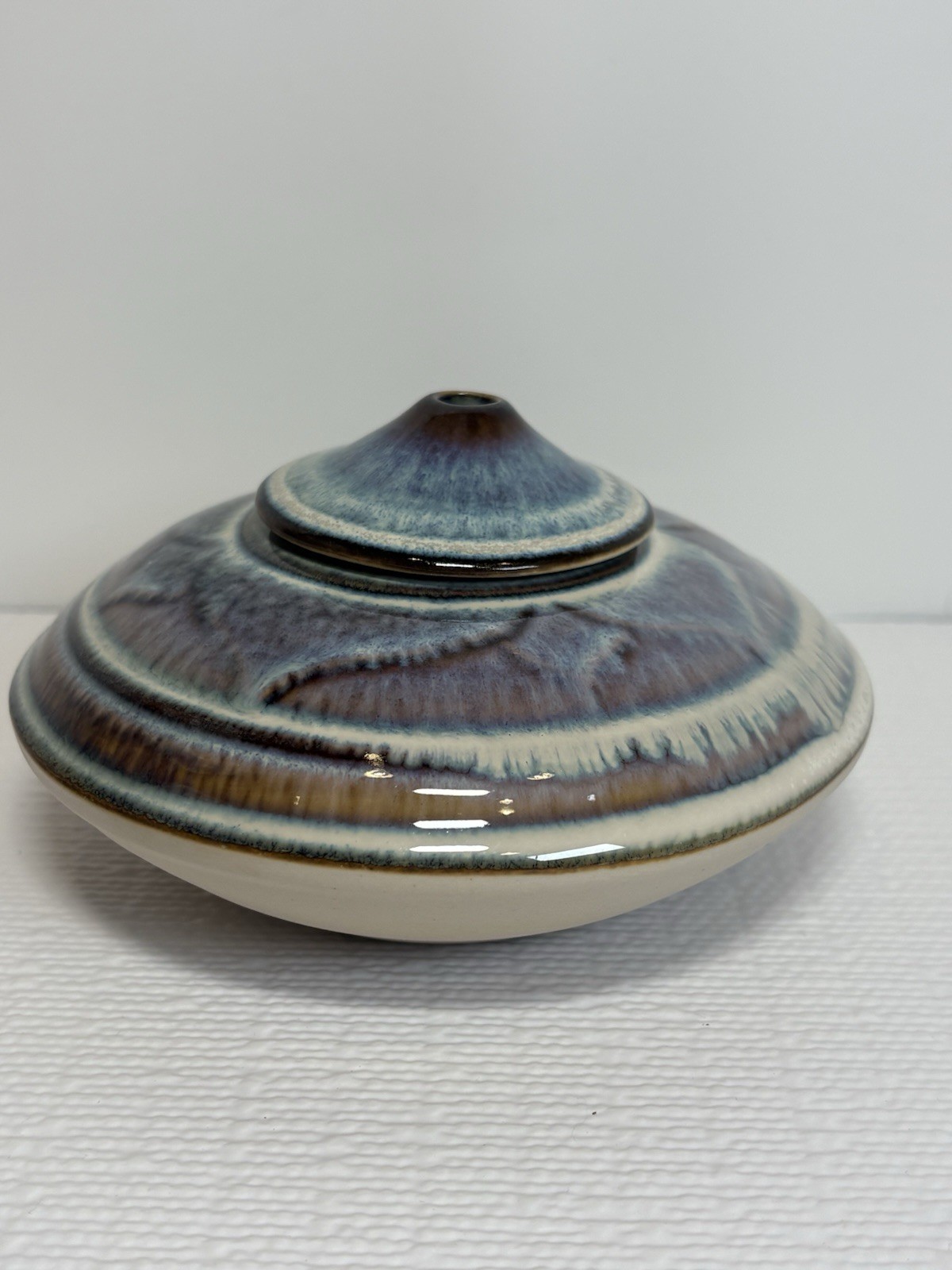 Vintage Hand Thrown Pottery Oil Lamp Burner Signed Blue Brown Drip Glaze 