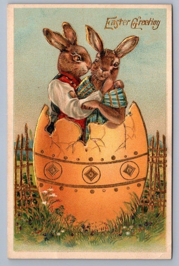 Dressed Romantic Rabbits in Big Egg~Vintage~Antique~Easter Fantasy Postcard~s742