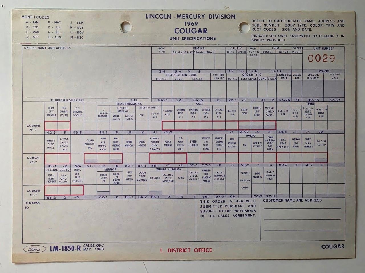 1969 Ford Mercury Cougar Unit Specifications Original Factory 428-4V XR-7 Form