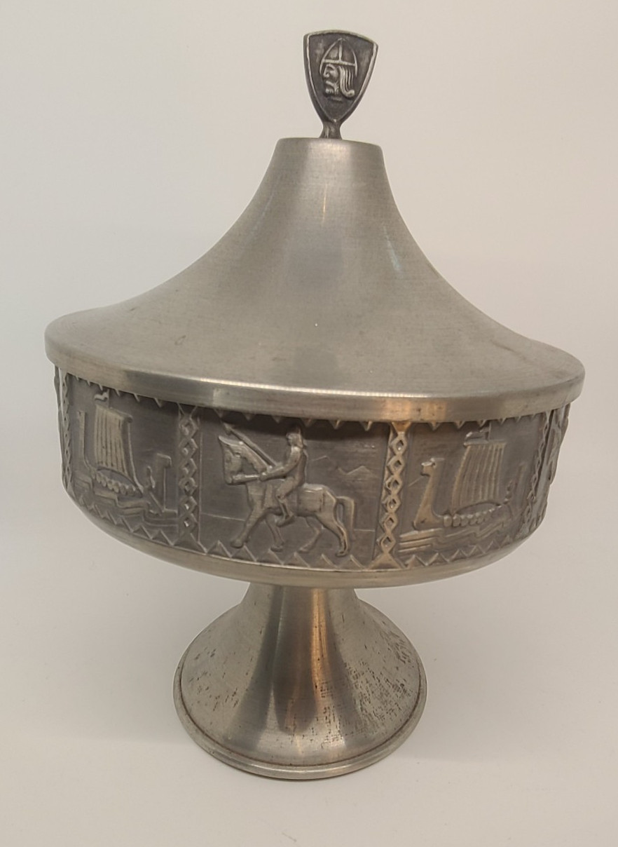 Vintage Snorre Norsk Tinn Pewter Lidded Pedestal Bowl BJH 39 Norway Viking