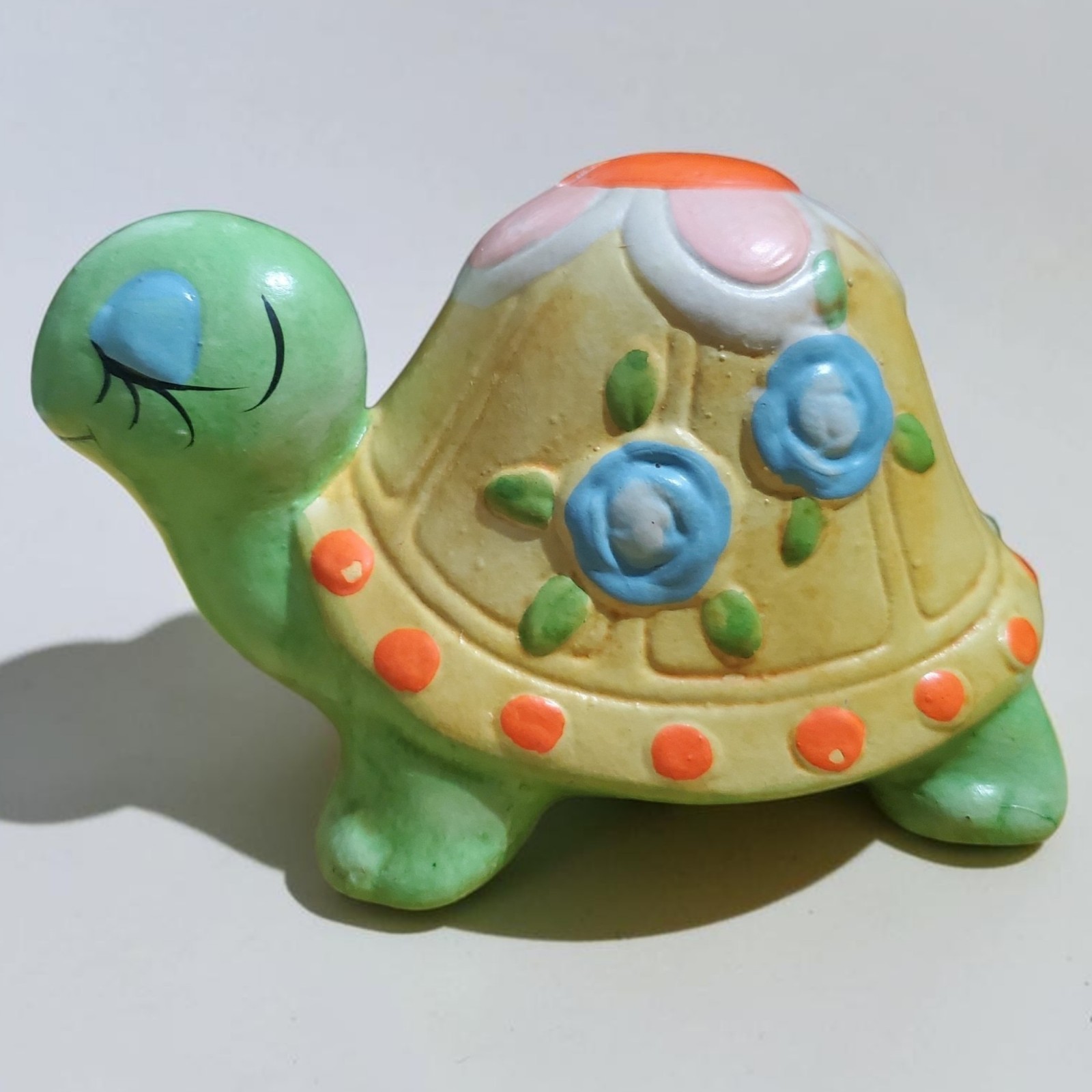 Vintage Turtle Piggy Bank Chalkware Daisy Flower Power Boho