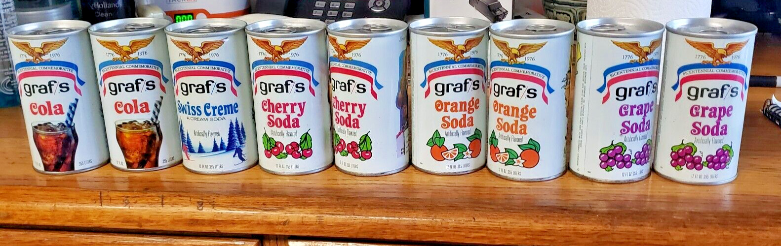 Lot of 9 Vintage Graf's Soda Cans - USA Bicentennial Commemorative 1976