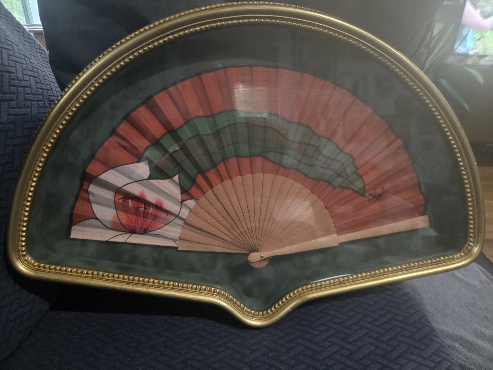 Antique Ornate Hand Painted Fan Signed Framed in a Shadow Box 