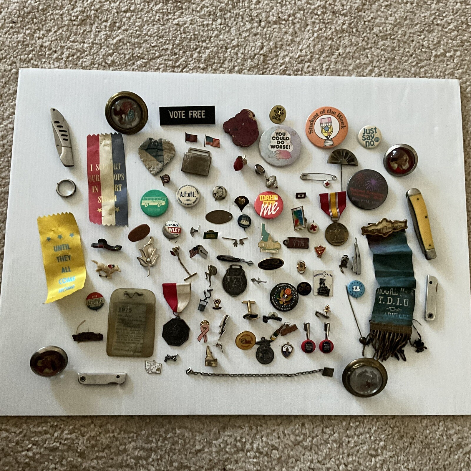 Vintage Junk Drawer Lot Knives Presidential Pins Buttons And More
