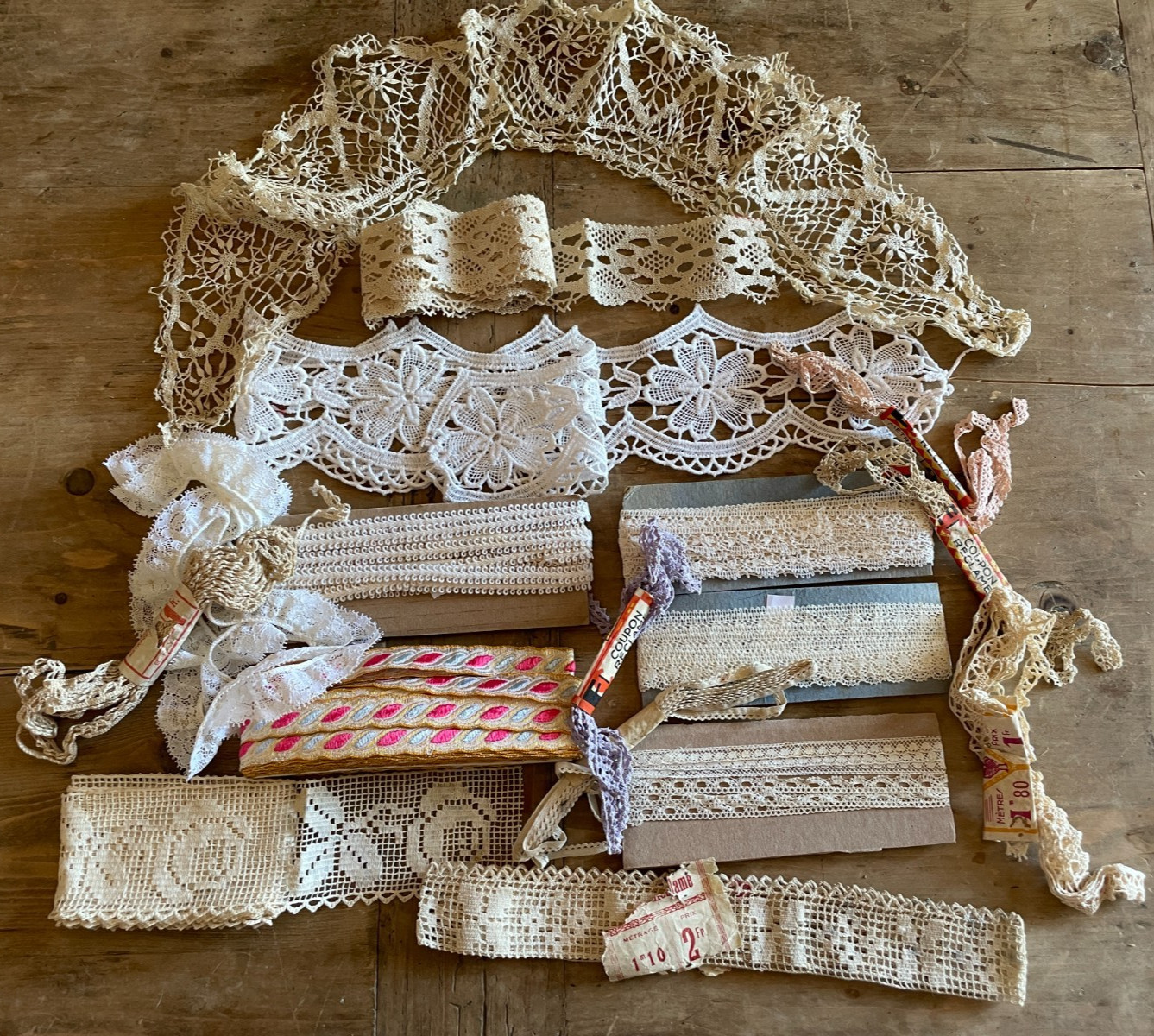 Antique French Job Lot Lace Fripperies Collar New Old Stock Lace Cards of Lace
