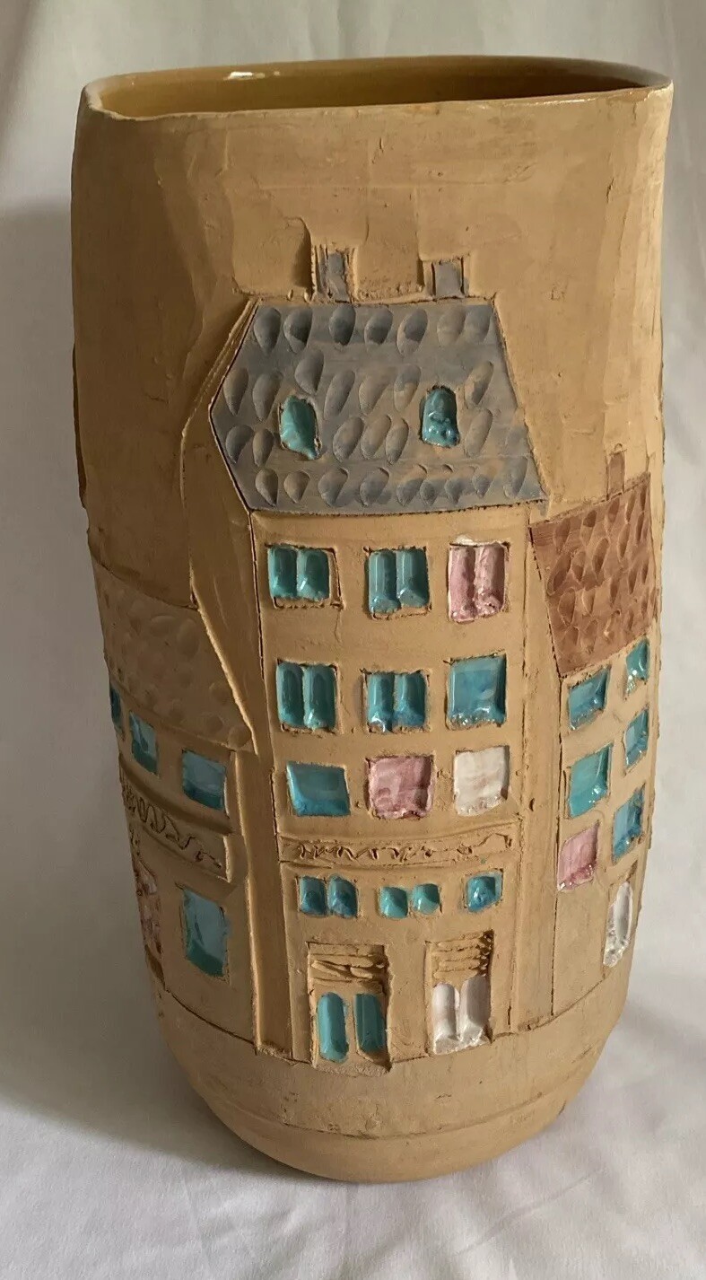 Vintage Raymor Italy 204 Architecture Design Vase with Enamel Highlights 12”