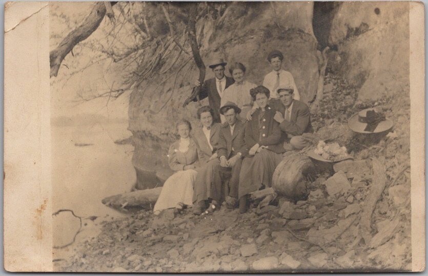 c1910s Real Photo RPPC Postcard Family Outing / Posing by the Lake / Unused