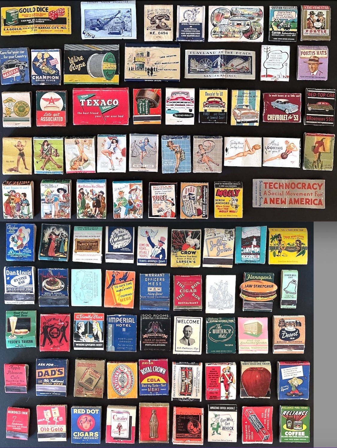 86 vintage Matchbook covers: 1940\'s/50\'s pinup hillbilly Technocracy Chevy - lot