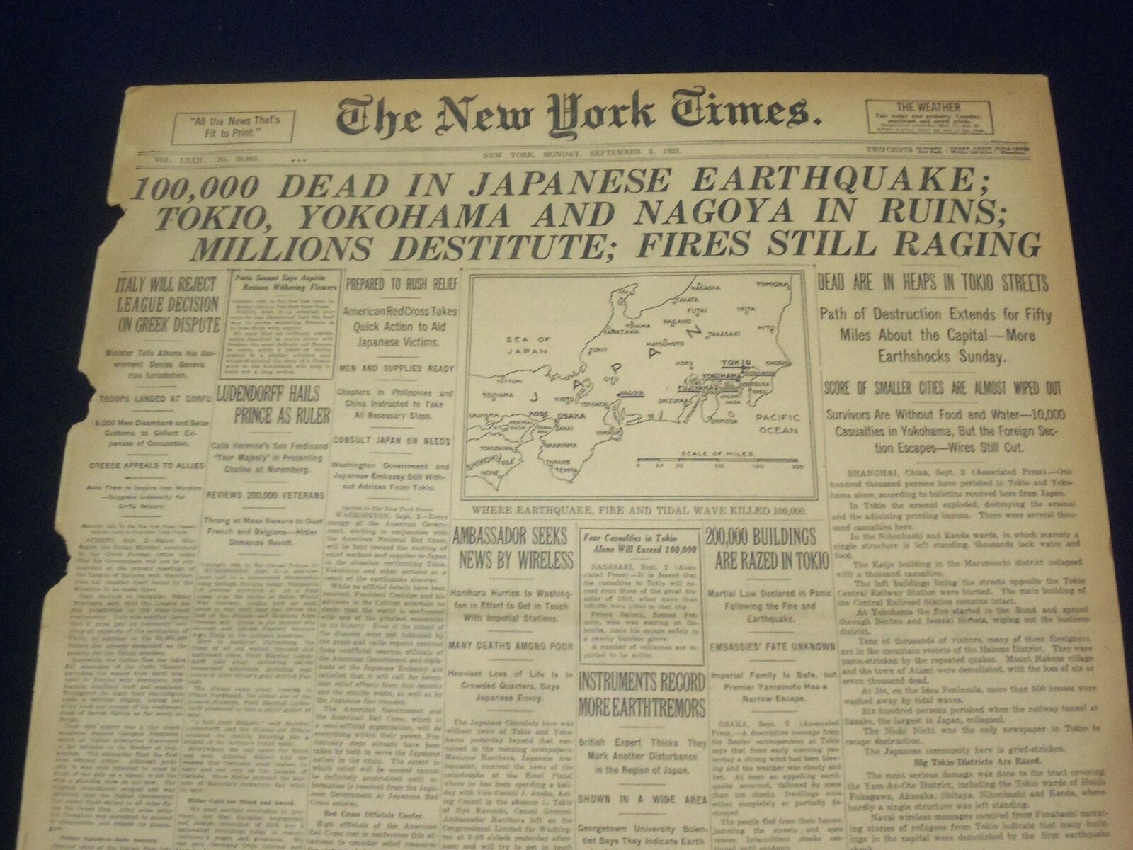 1923 SEP 3 NEW YORK TIMES - 100,000 DEAD IN JAPANESE EARTHQUAKE - NT 9347