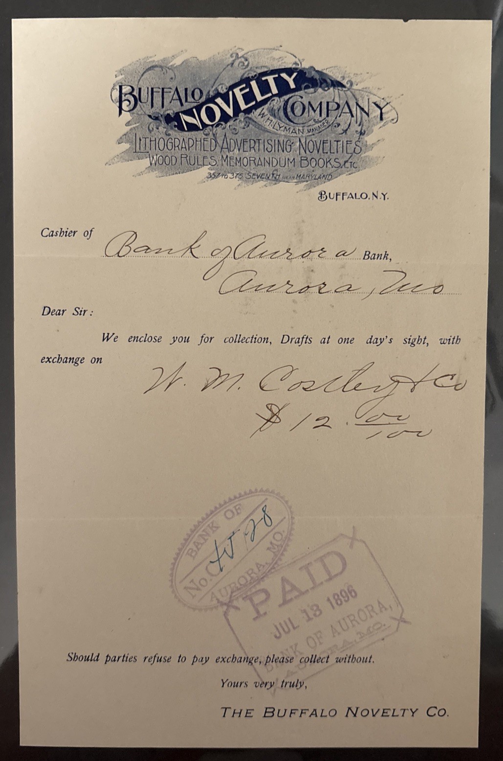 1896 Buffalo Novelty Billhead, Antique New York Bank Invoice, Letter Ephemera