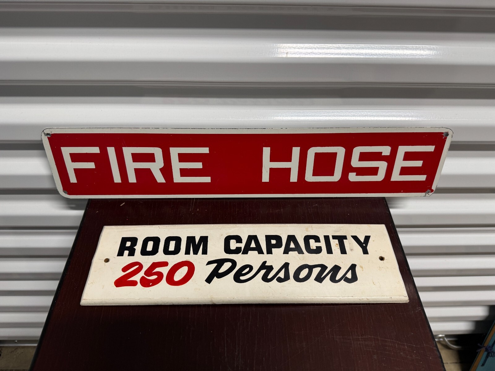 Vintage Red White Fire Hose & Capacity 250 Persons Signs