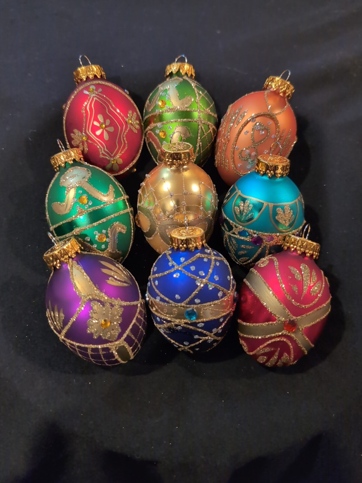 Vintage G&D Glitter & Beaded Satin Christmas Egg Ornaments - Lot of 9 Pcs EUC