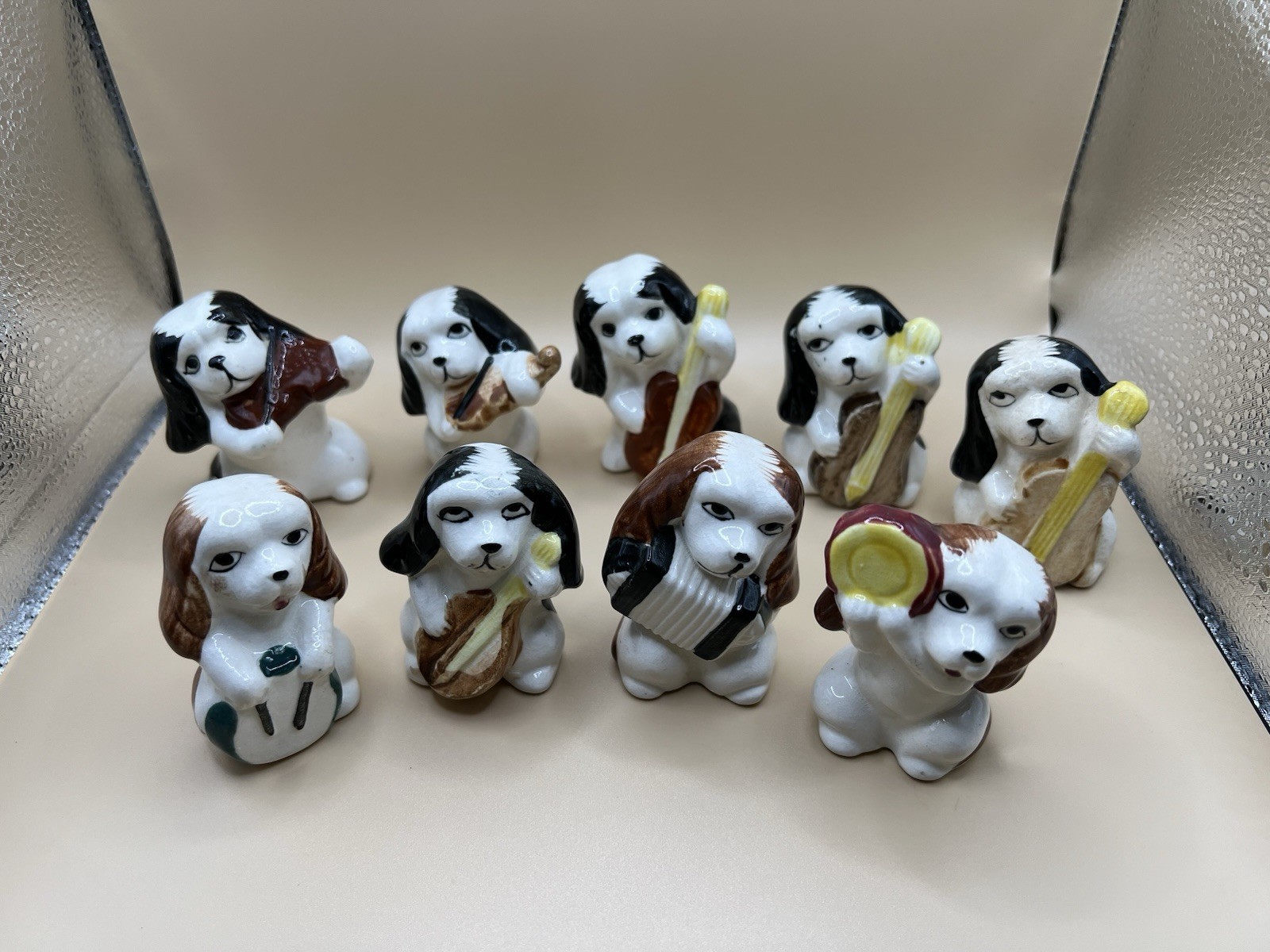 Vintage 9-Piece Ceramic Dog Band Musician Figurines Japan 1950s mid-century