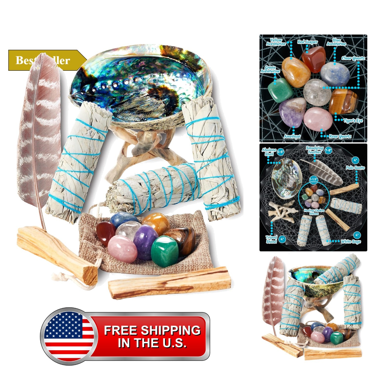 White Sage Smudge Kit with 8 Chakra Stones, Abalone Shell