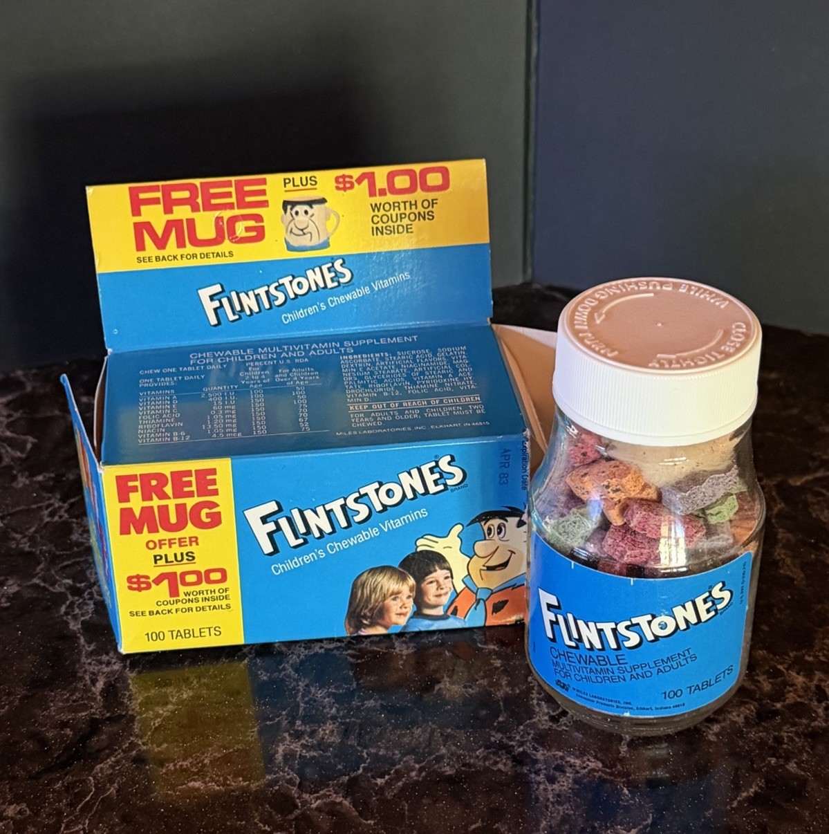 Vintage 1980\'s FLINTSTONES CHILDREN\'S VITAMINS Unopened Bottle w/ Box & Coupons