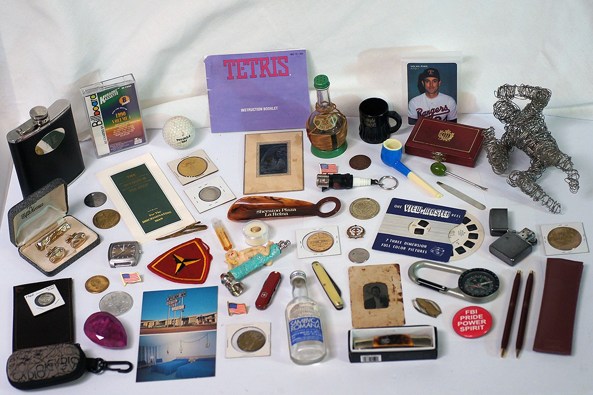 Vintage Grandpas Mens Junk Drawer Lot Coins Tokens Lighters Watch Gems, etc.