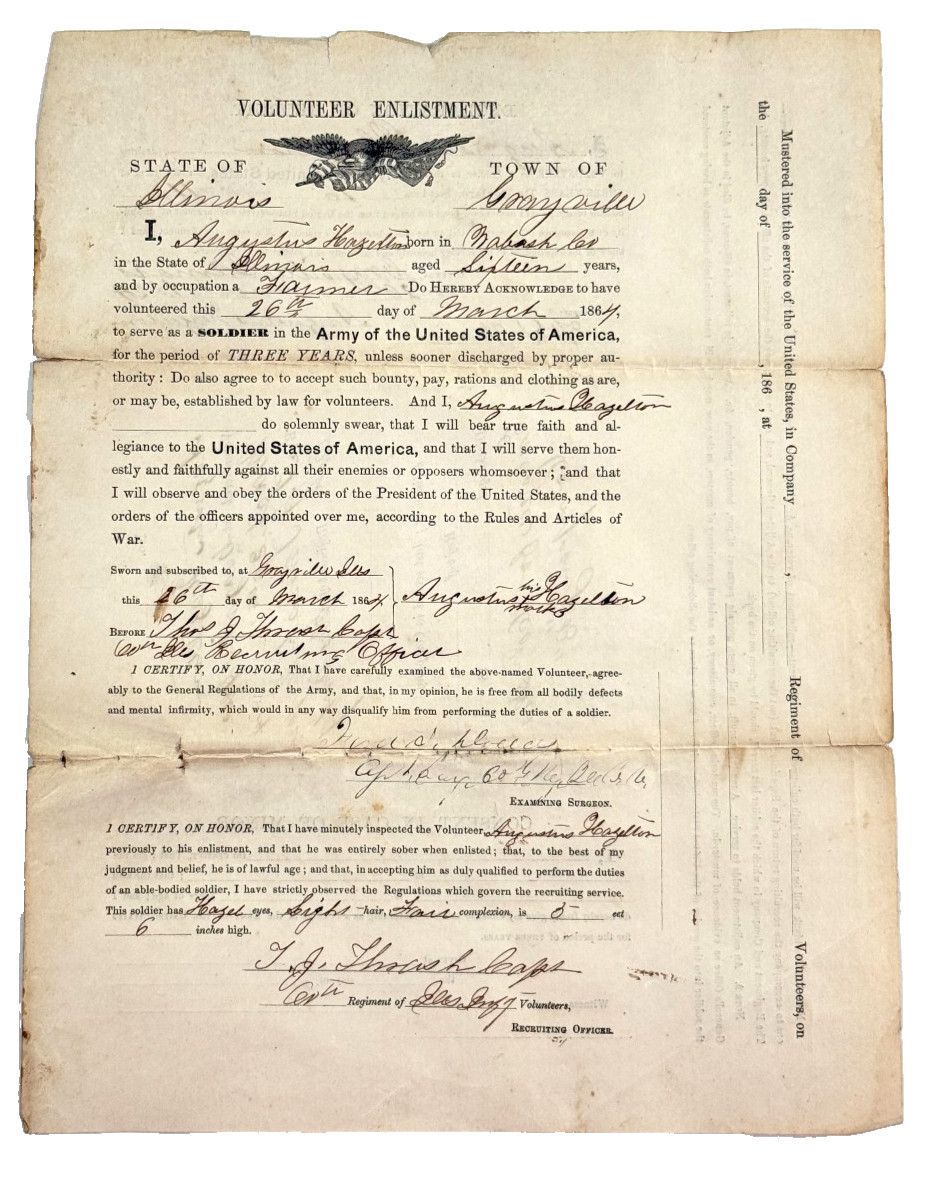 c. 1864 Civil War Enlistment Document CHILD SOLDIER Augustus Hazelton 60th UNION