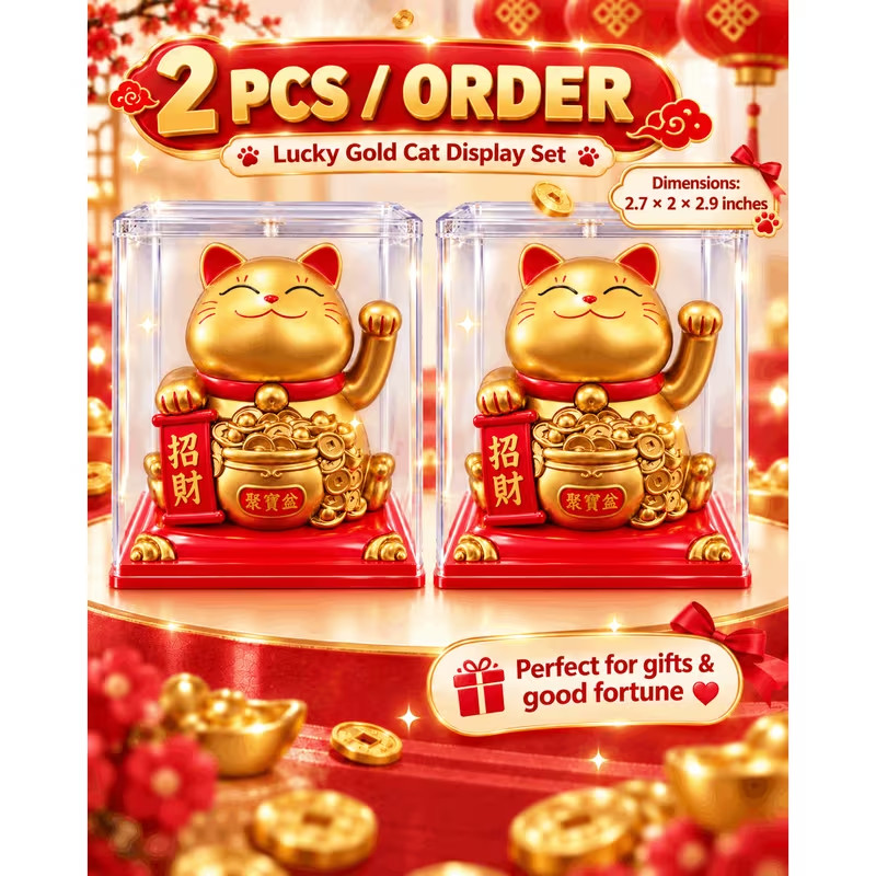 2PCS Lucky Gold Cat Figurines – Fortune & Prosperity Display Set