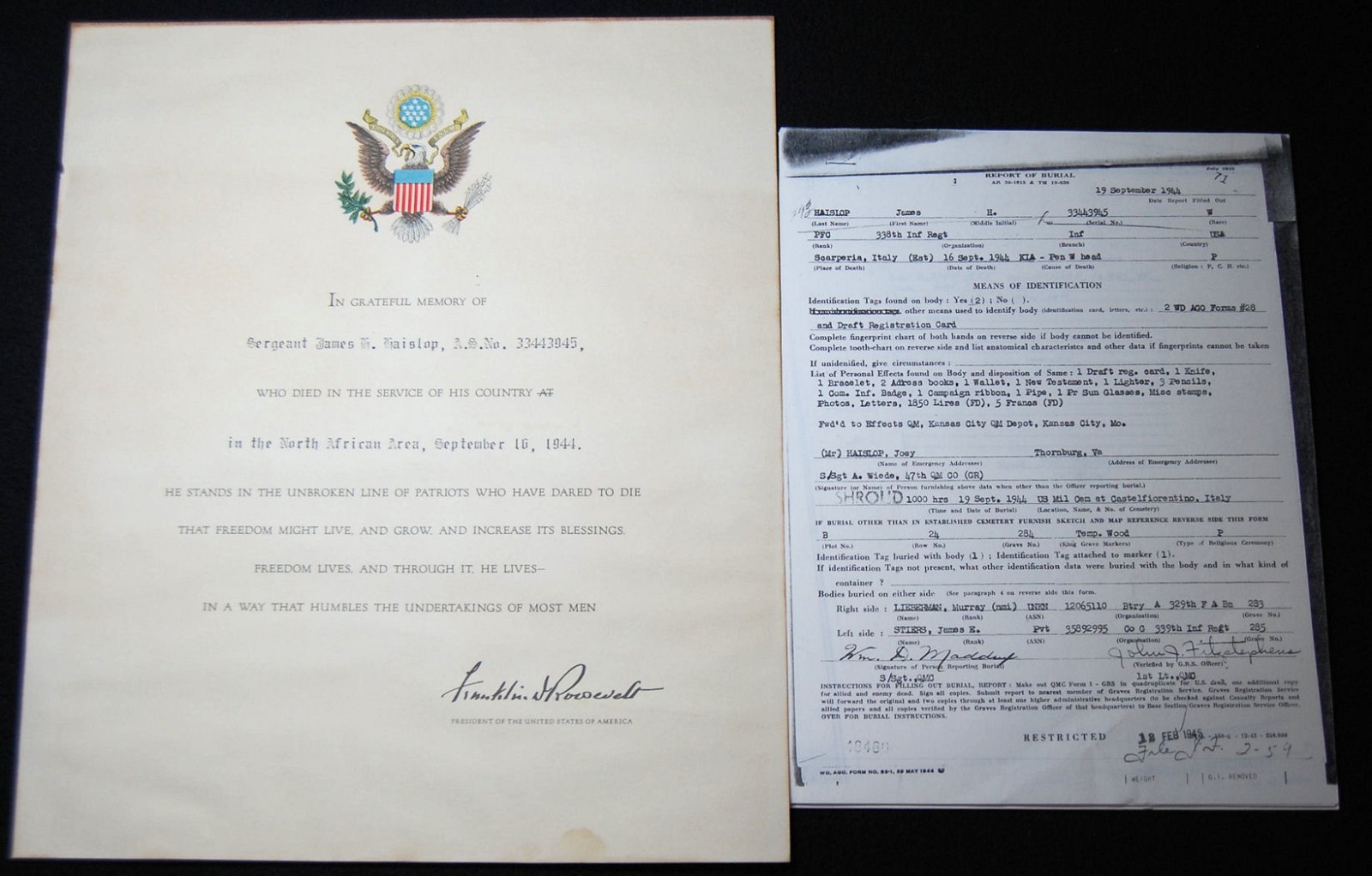 WWII 85th Division FDR Accolade - KIA September 16, 1944 Near Scarperia, Italy