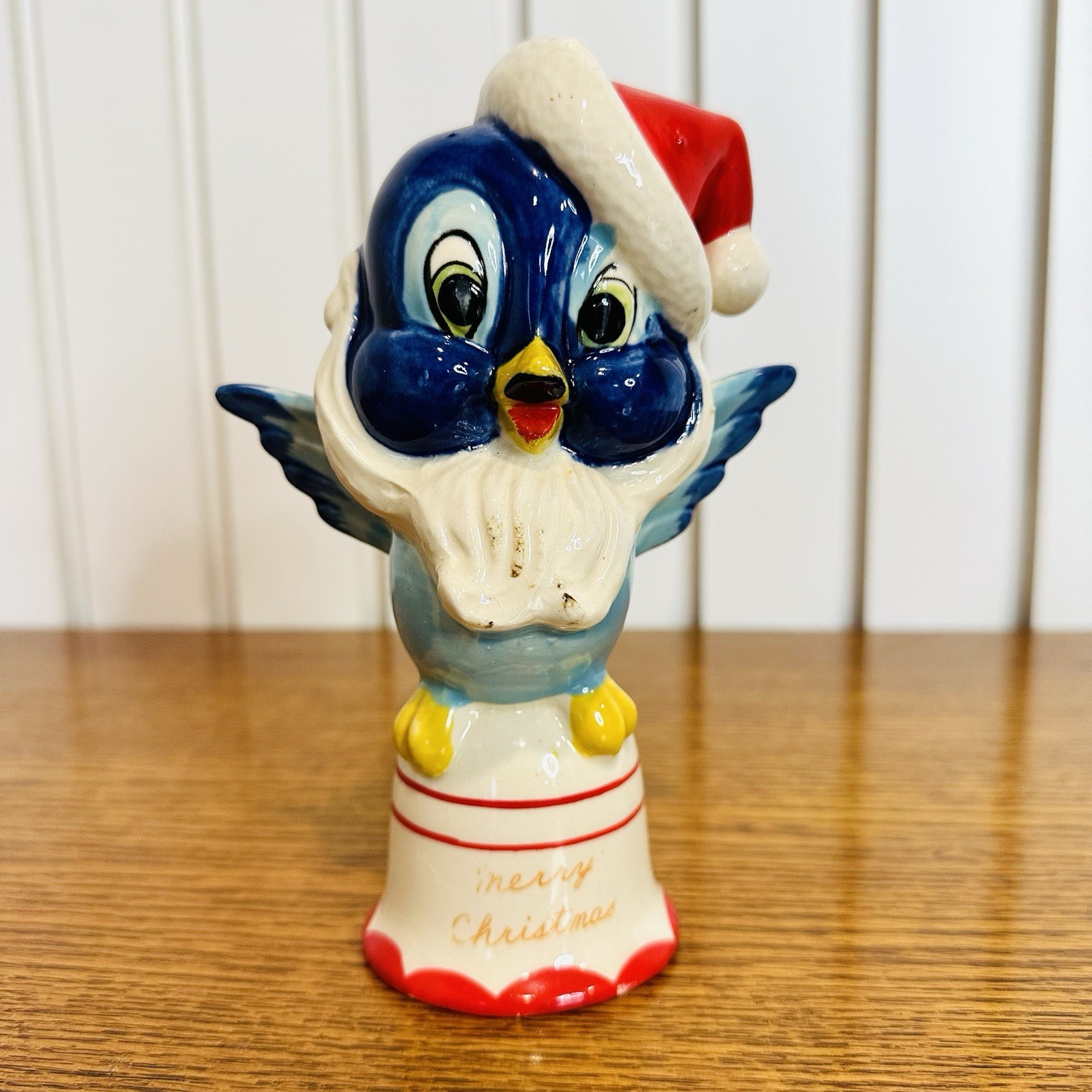 Vintage 1950\'s Kreiss Merry Christmas Blue Bird w Santa Hat & Beard Ceramic Bell