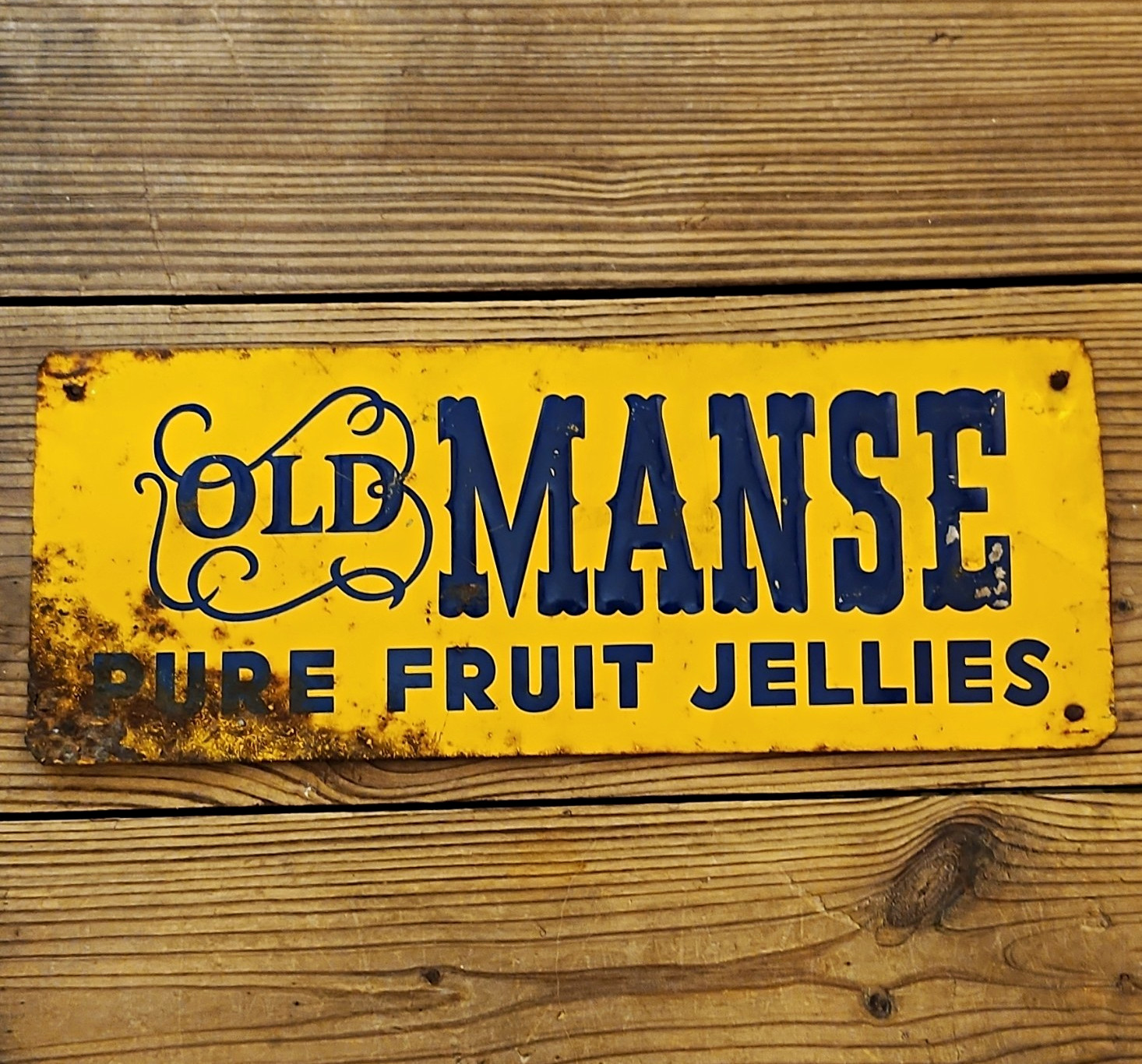 Vintage Old Manse Pure Fruit Jellies Emboss Metal Sign Yellow/Blue w Petina-RARE