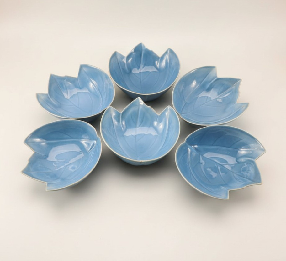 Fukagawa Arita Hand Painted Leaf Dish 6 Blue Gold Rim VTG Japan Porcelain $175