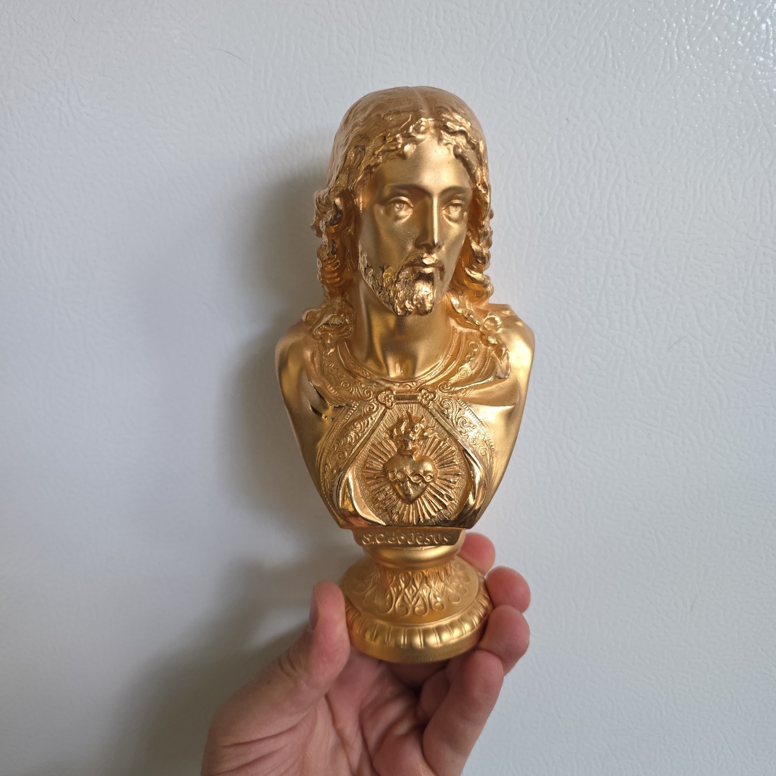 JESUS CHRIST GOLD GILTED METAL FIGURE BUST HOLY FACE SACRED HEART ECCE HOMO 