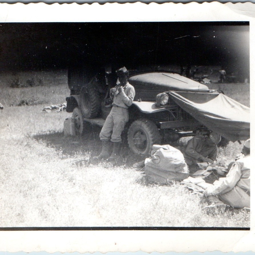 c1940s WWII US Army Dodge WC Truck Camp Tarp Snapshot Photo Soldiers Field Gear
