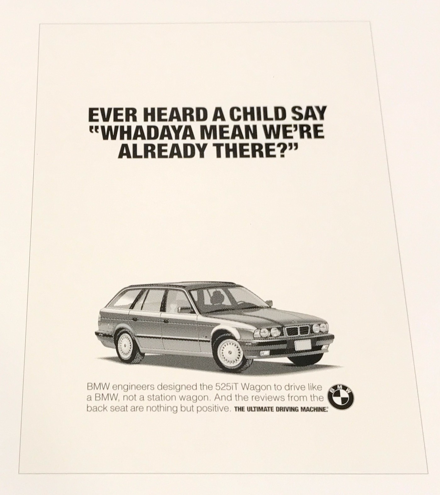 Rare BMW 525iT Wagon FUNNY VTG Ad Agency Print — Award-Winning—Listed by Writer