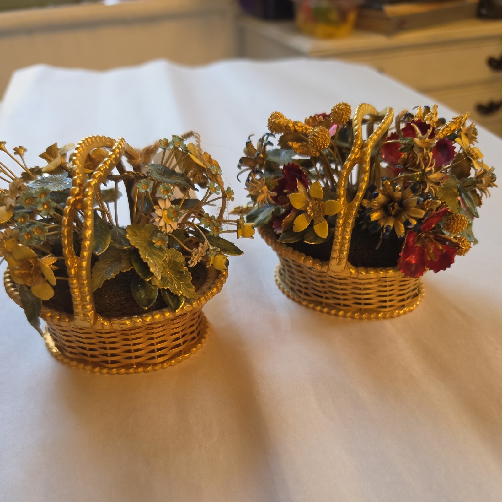 Vtg JANE HUTCHESON for GORHAM Miniature Metal Flower Baskets GOLD GILT & ENAMEL 