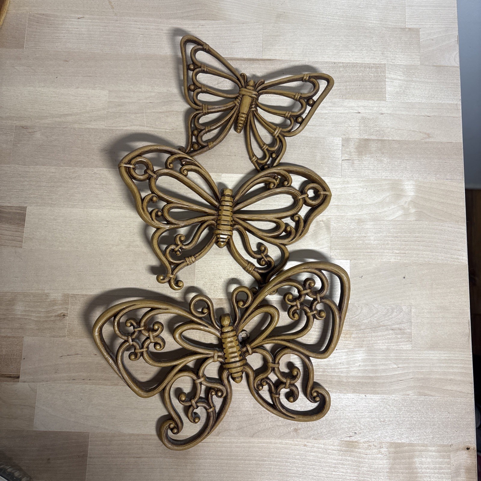 Homco 7537 Syroco Butterfly Faux Wood Wicker Wall Decor Set Of Three Vintage